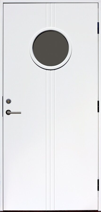 Ārdurvis Kaski Hemavan Econom kolekcija ar apaļu stiklojuma ielaidumu un vertikālu dekoratīvu līniju