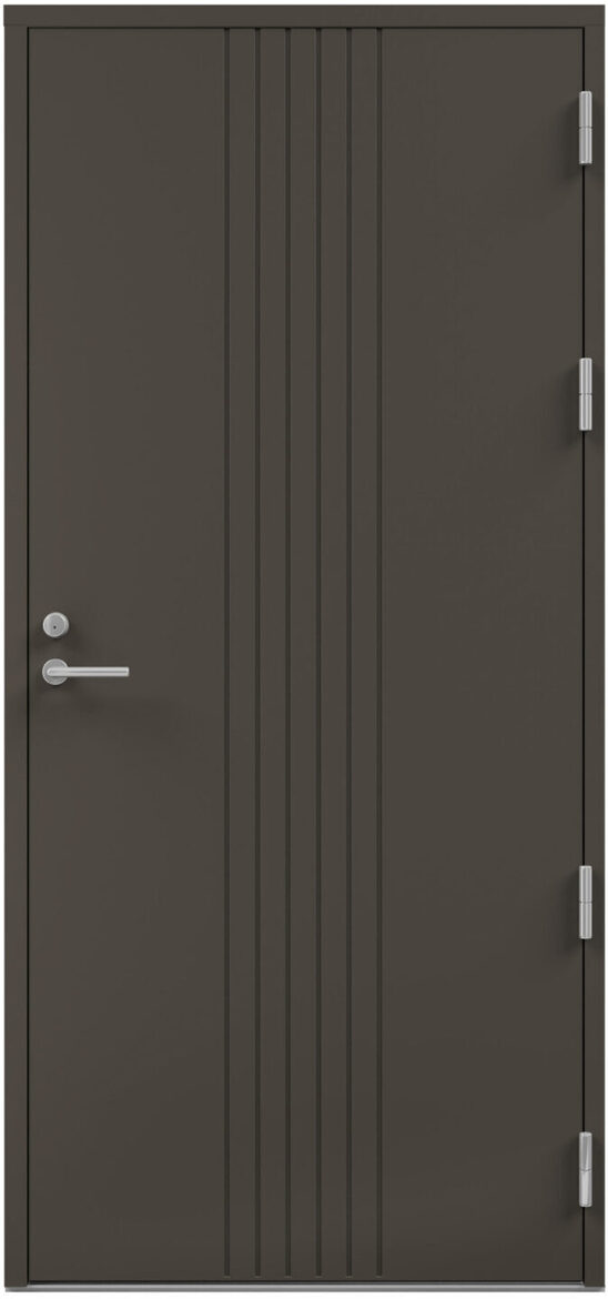 Ārdurvis Kaski Köpenhamn Design termo tumšā krāsā ar vertikālām dekoru līnijām