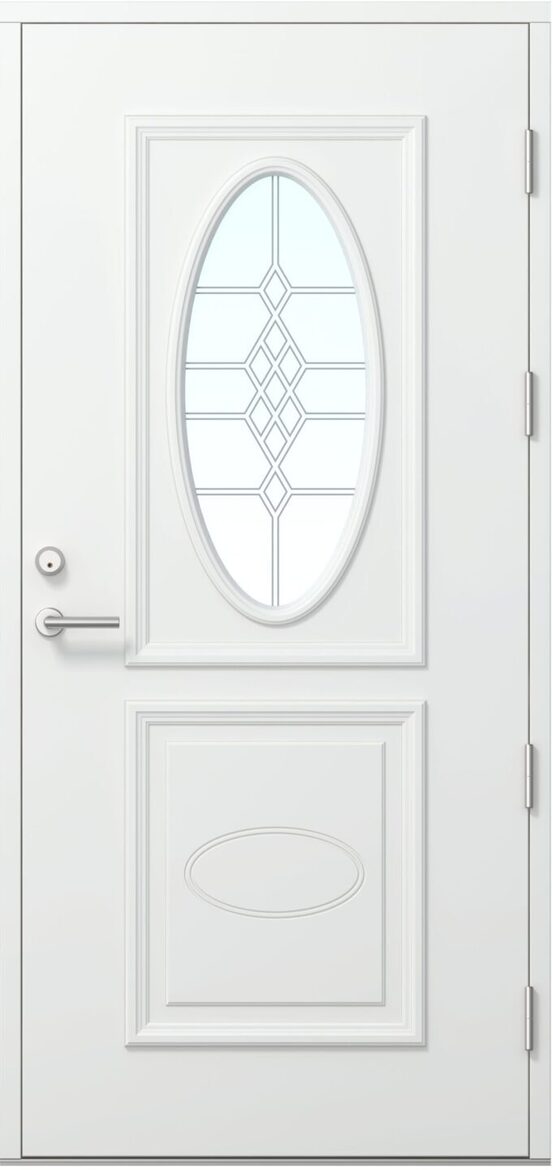 Ārdurvis Kaski Roja Termo Arhipelago kolekcija ar ovālu dekoratīvo stiklojumu un klasisku reljefa panelējumu