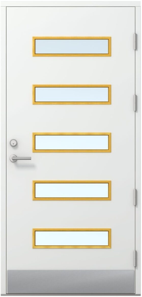 Kaski Praga termo ārdurvis baltā krāsā ar pieciem horizontāliem stiklojumiem zeltainos rāmjos modernam mājas dizainam