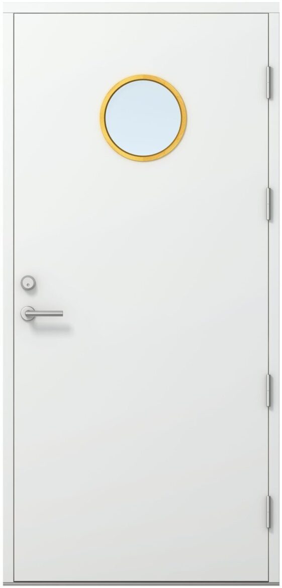 Kaski Madrid termo ārdurvis baltā krāsā ar apaļu stiklojumu augšdaļā modernam mājas dizainam