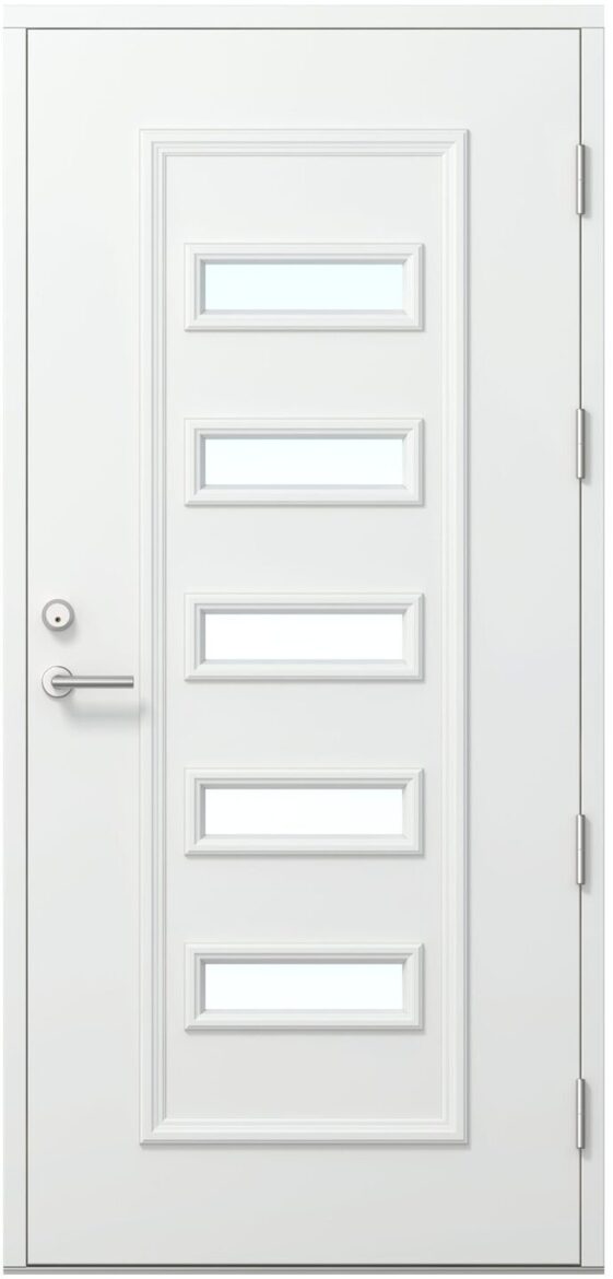 Ārdurvis Kaski Lielupe Arhipelago kolekcija ar pieciem horizontāliem stiklojuma ielaidumiem un dekoratīvu paneļojumu