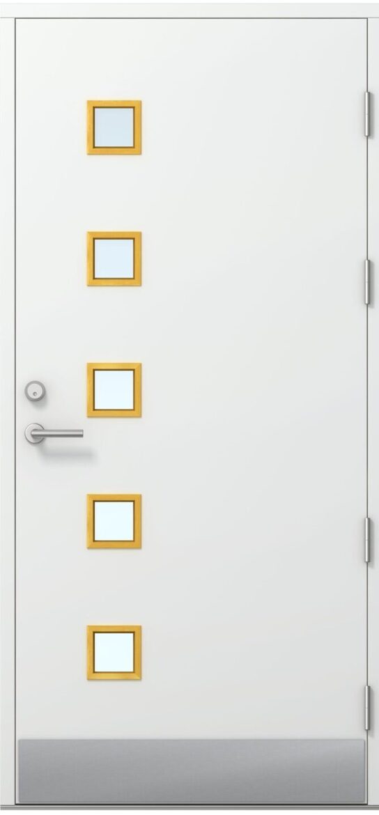 Ārdurvis Kaski Barcelona Design termo baltā krāsā ar pieciem kvadrātveida stiklojumiem un dzelteniem rāmjiem