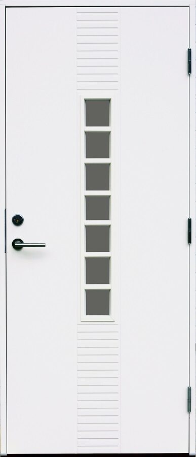 Ārdurvis Kaski Riksgränsen Econom kolekcija ar šauru vertikālu stiklojumu un dekoratīvām horizontālām līnijām