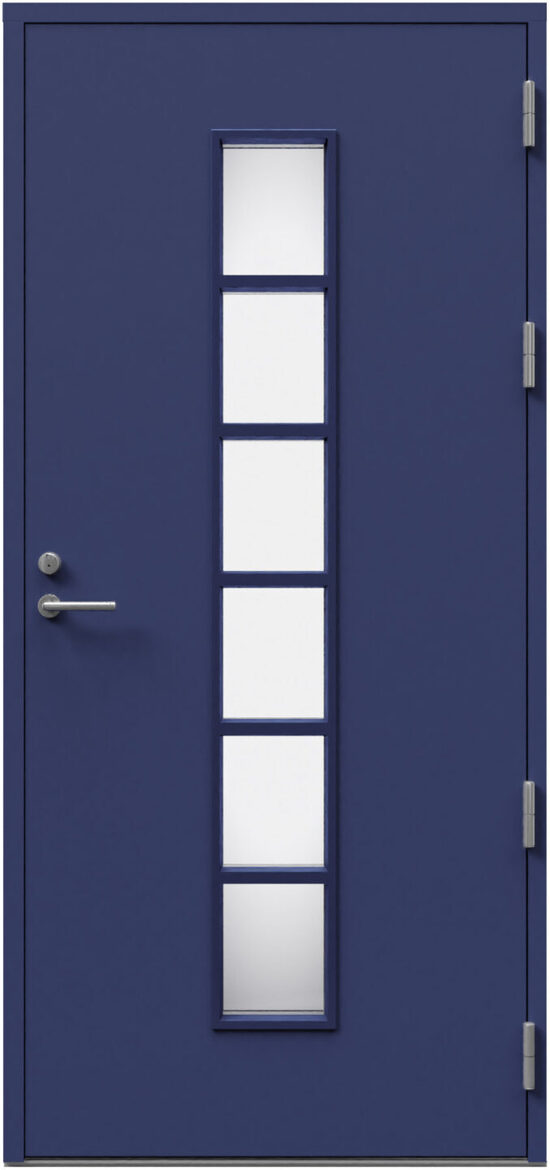 Ārdurvis Kaski San Sebastian Design termo tumši zilā krāsā ar sešiem vertikāliem stiklojuma laukumiem