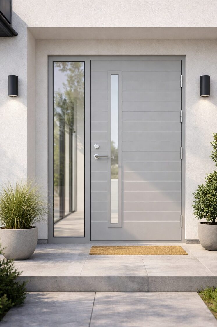 Nestandarta ārdurvis ar sānu logu gaiši pelēkā tonī modernai privātmājai