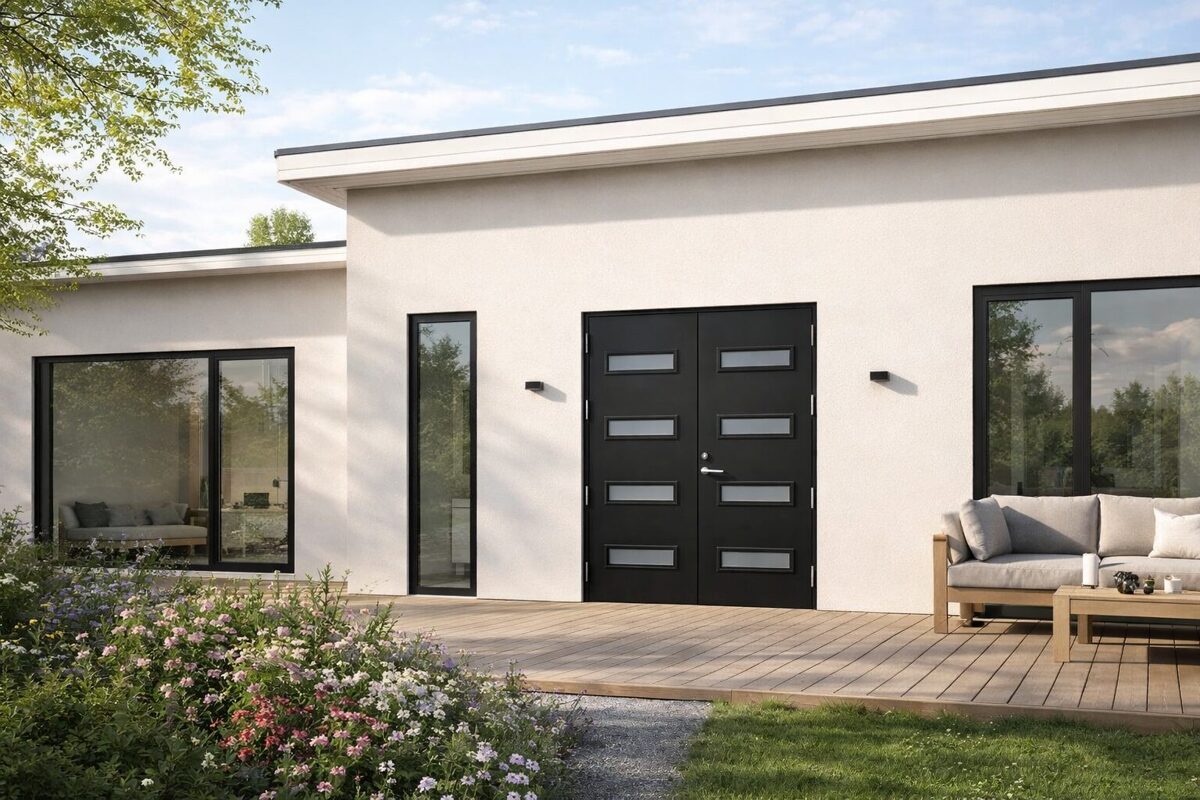 Melnas dubultās nestandarta ārdurvis modernai privātmājai