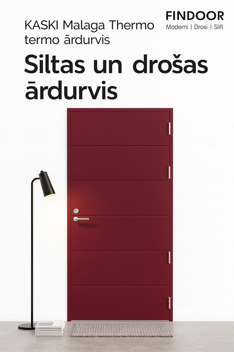 KASKI Malaga Thermo sarkanas ārdurvis ar horizontāliem gravējumiem modernā interjerā