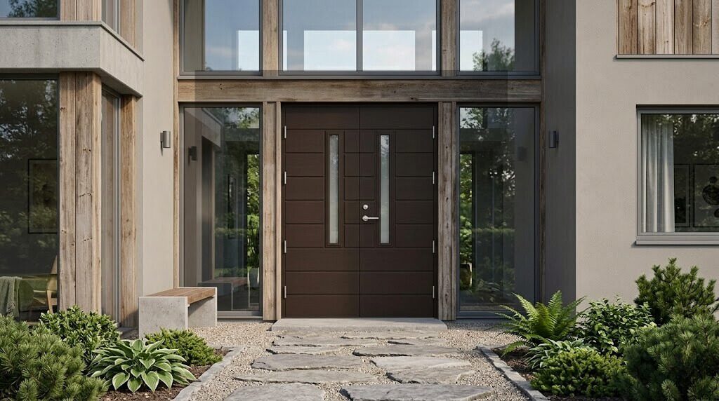 Palermo divviru koka ārdurvis nestandarta ieejai modernā skandināvu mājas fasādē